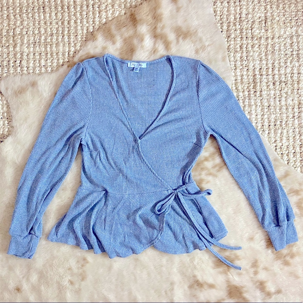 Super soft cotton modal ribbed empire waist wrap tie top in blue heather